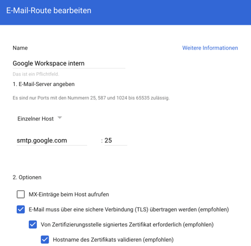 Screenshot für Route für interne Mailweiterleitung Screenshot für Route für interne Mailweiterleitung