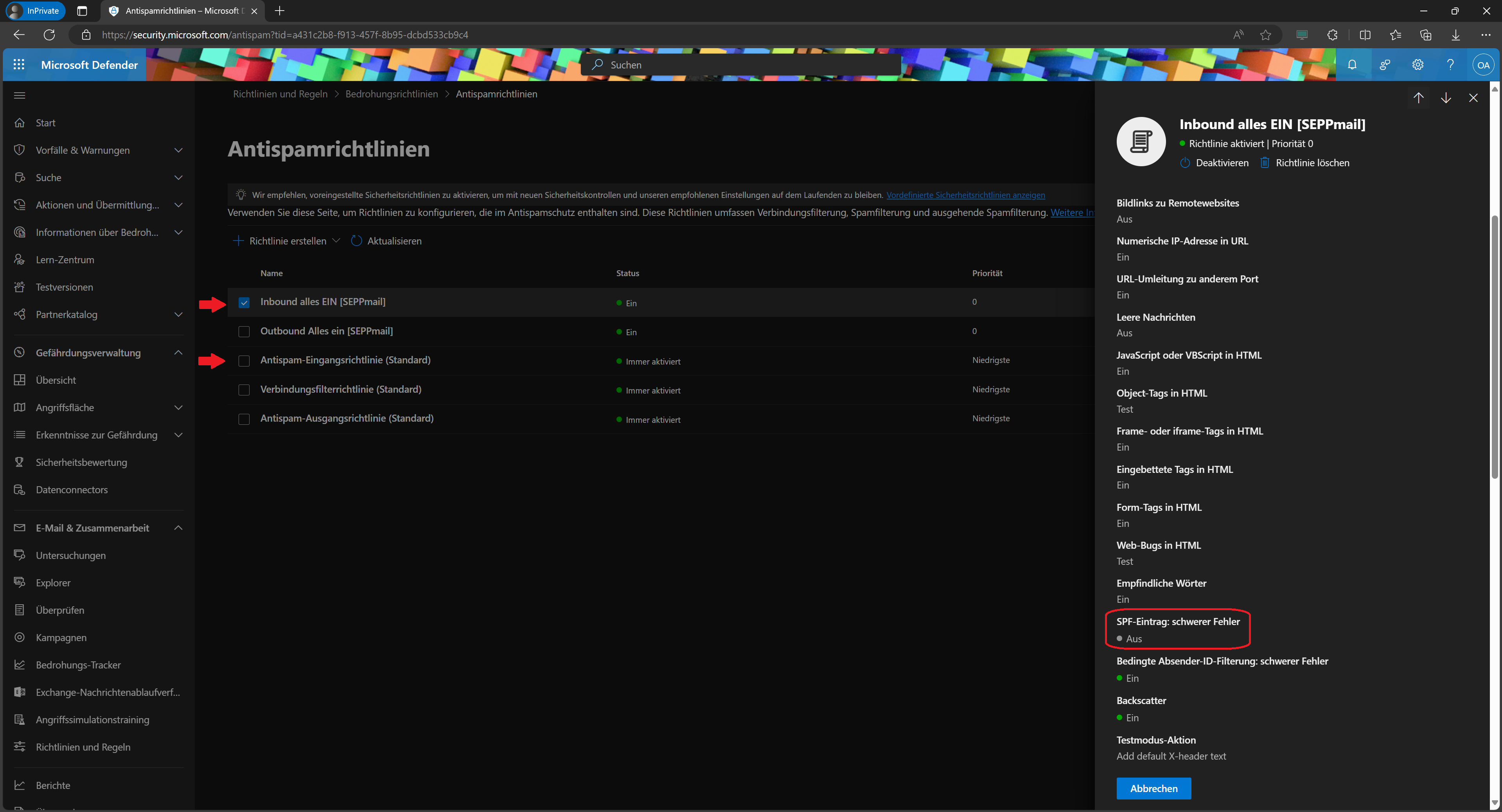 Screenshot EOP - SPF Eintrag: schwerer Fehler AN Screenshot EOP - SPF Eintrag: schwerer Fehler AN