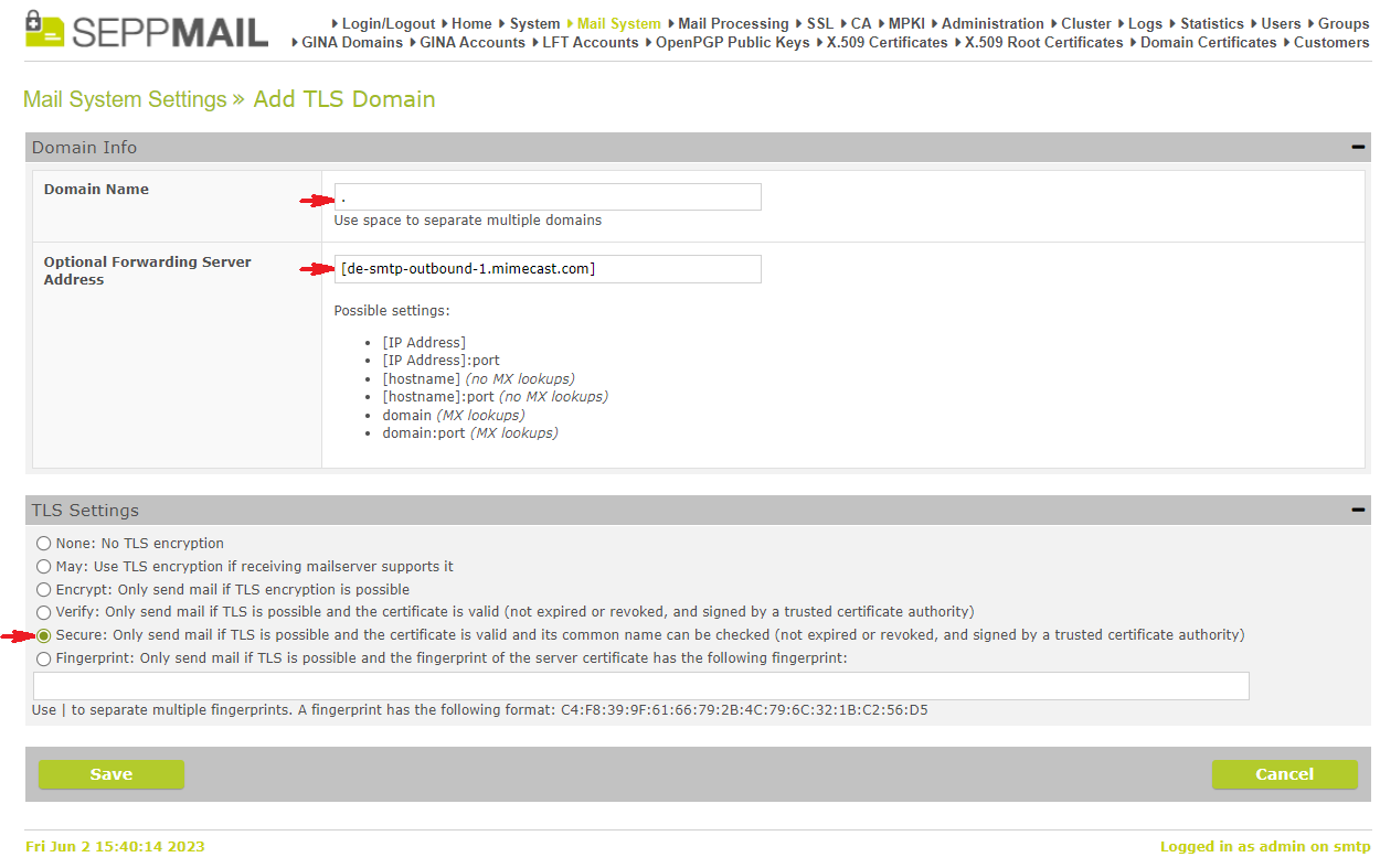 Screenshot von Mail System Settings wie beschrieben