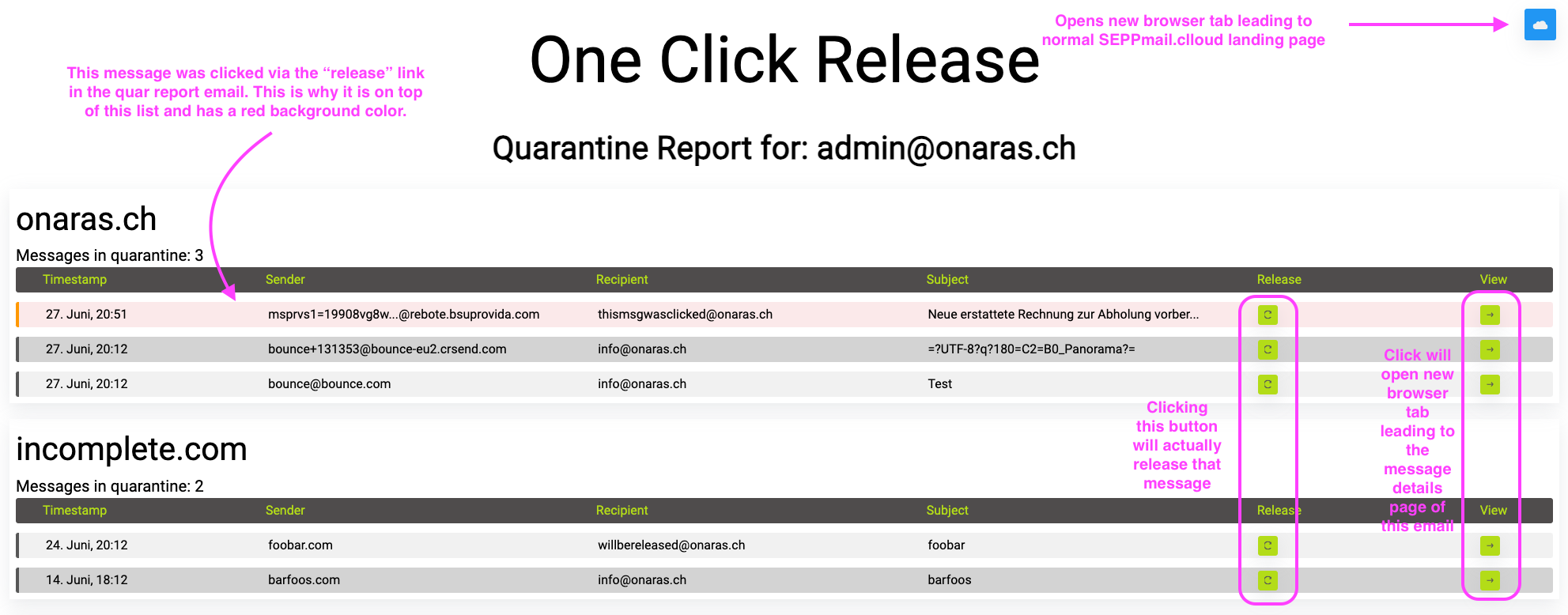 One-Click-Release - page in the browser One-Click-Release - page in the browser