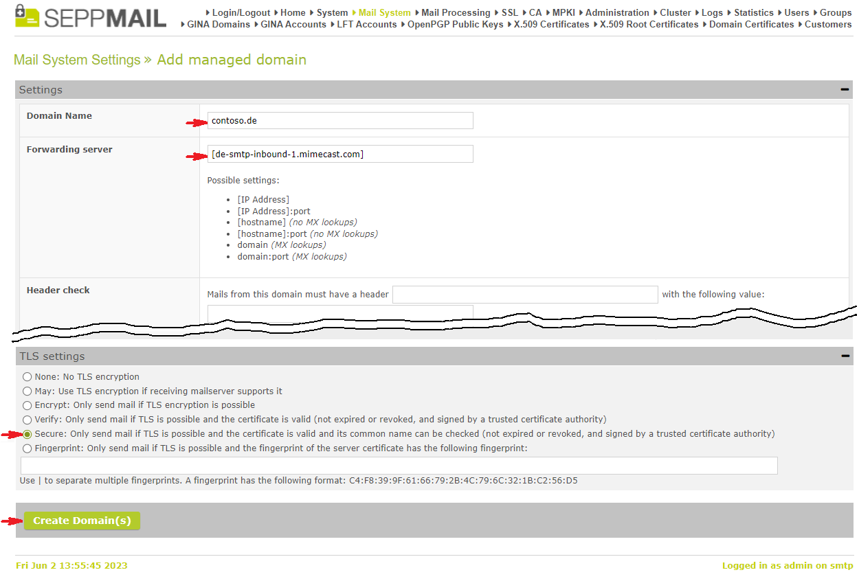 Screenshot of Mail System Settings according to the description