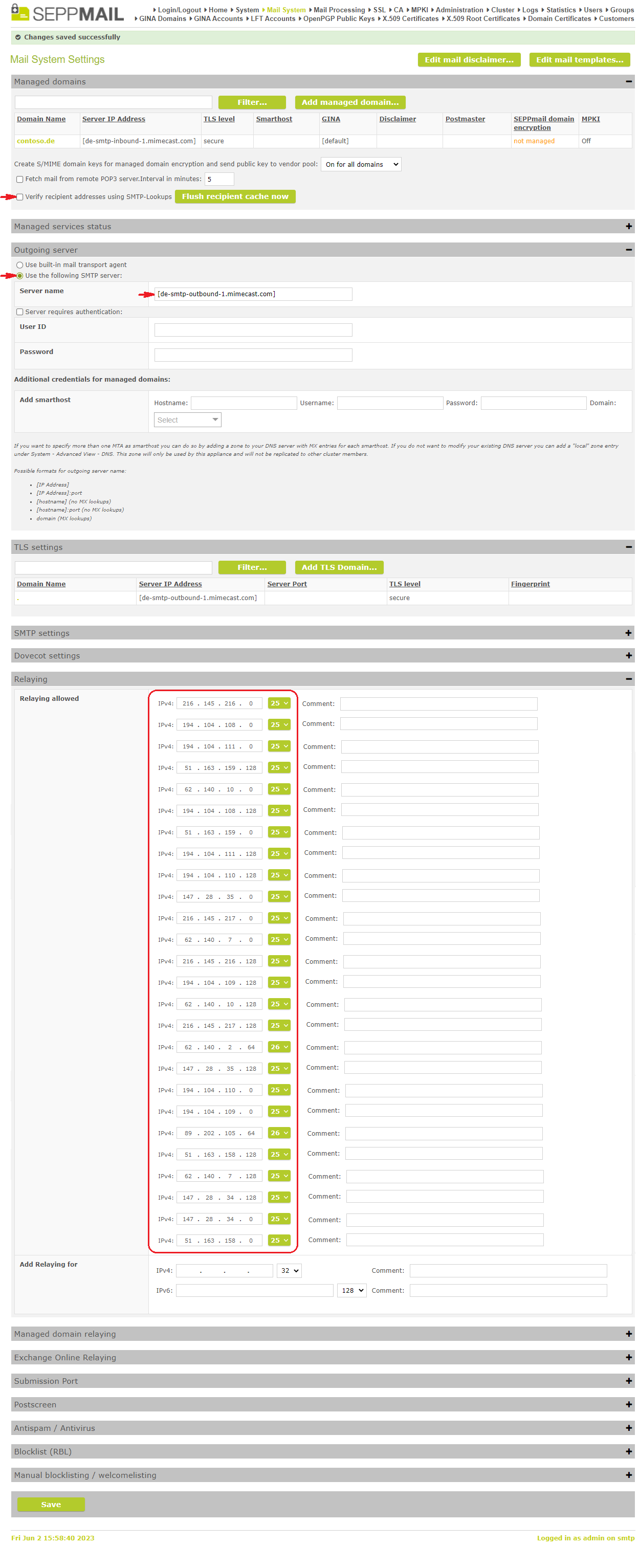 Screenshot of Mail System Settings according to the description Screenshot of Mail System Settings according to the description