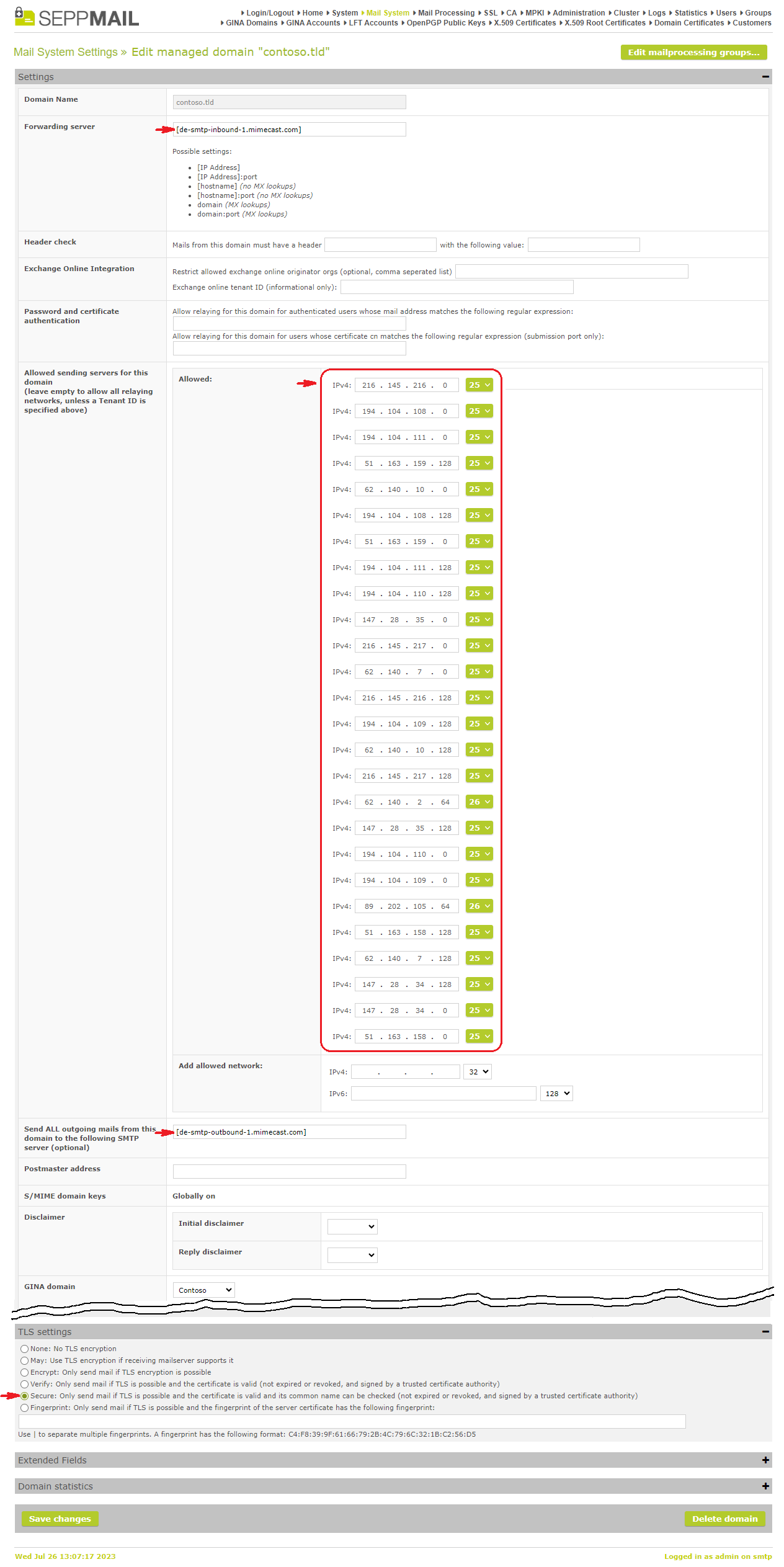 Screenshot of Mail System Settings according to the description Screenshot of Mail System Settings according to the description