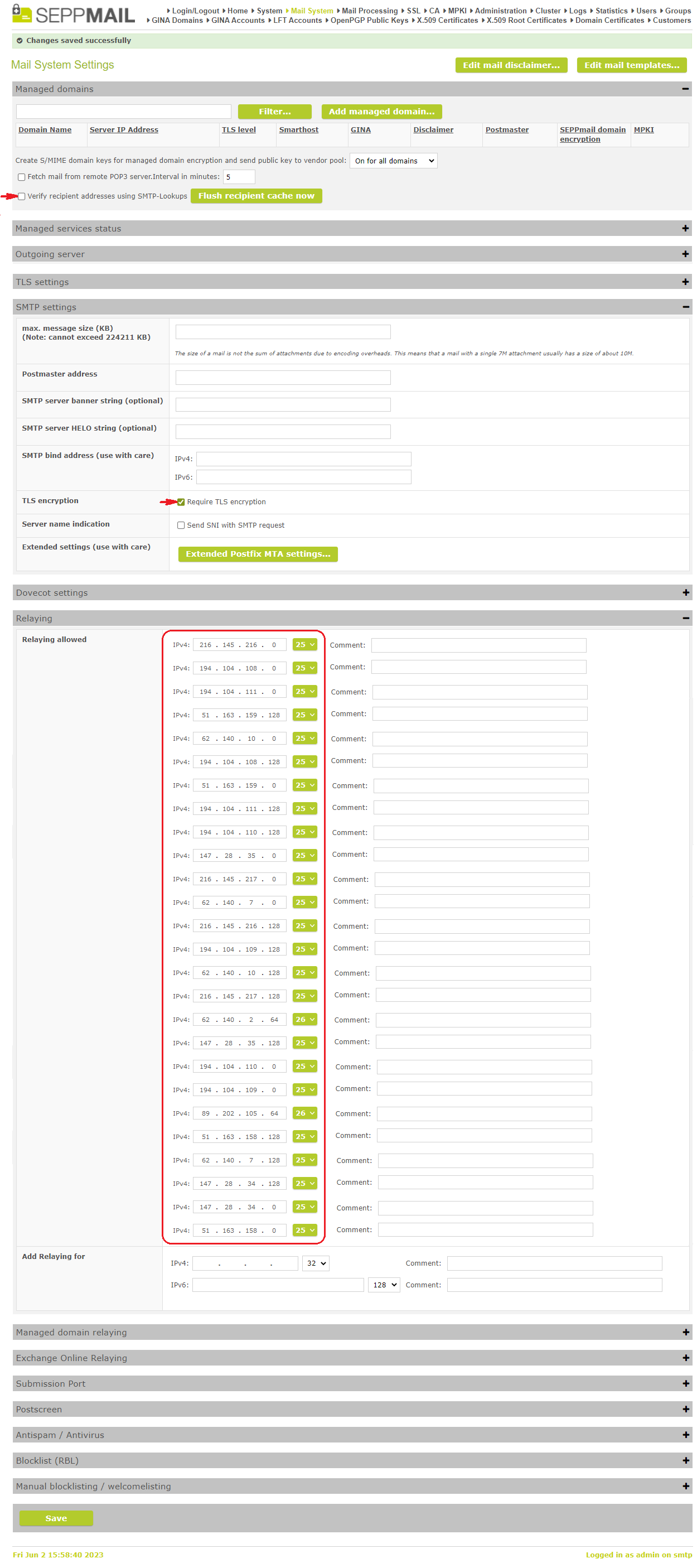 Screenshot of Mail System Settings according to the description