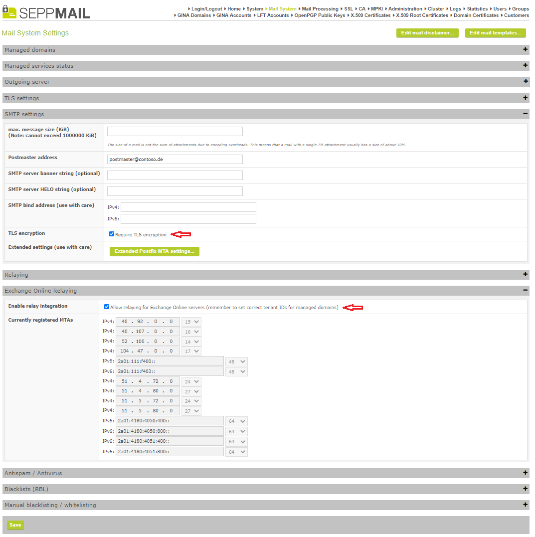 Screenshot Mail System Settings as described Screenshot Mail System Settings as described